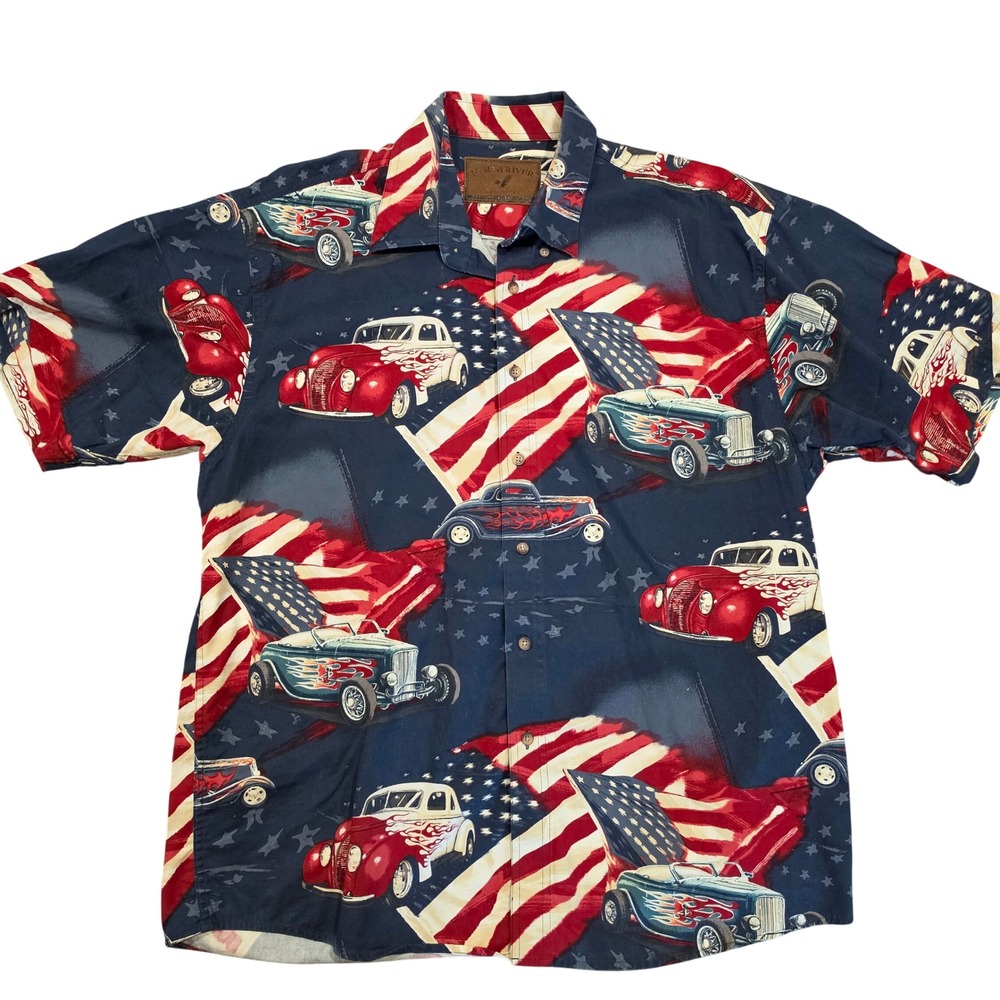 North River Mens Large Hot Rod Car American Flag Button Down Shirt Cotton Navy